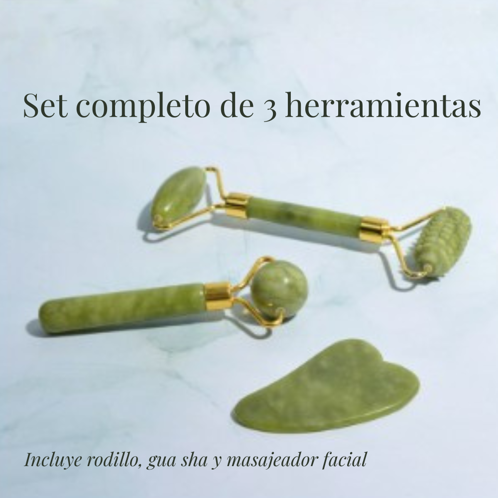 Set de masaje facial de jade (3 piezas) | Rodillo, gua sha y masajeador