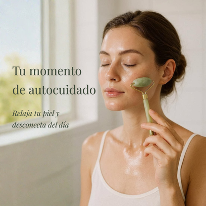 Set de masaje facial de jade (3 piezas) | Rodillo, gua sha y masajeador