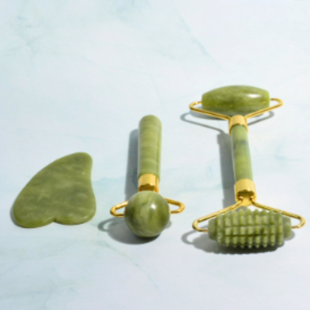 Set de masaje facial de jade (3 piezas) | Rodillo, gua sha y masajeador