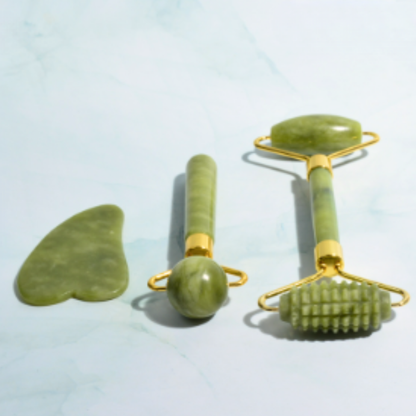 Set de masaje facial de jade (3 piezas) | Rodillo, gua sha y masajeador