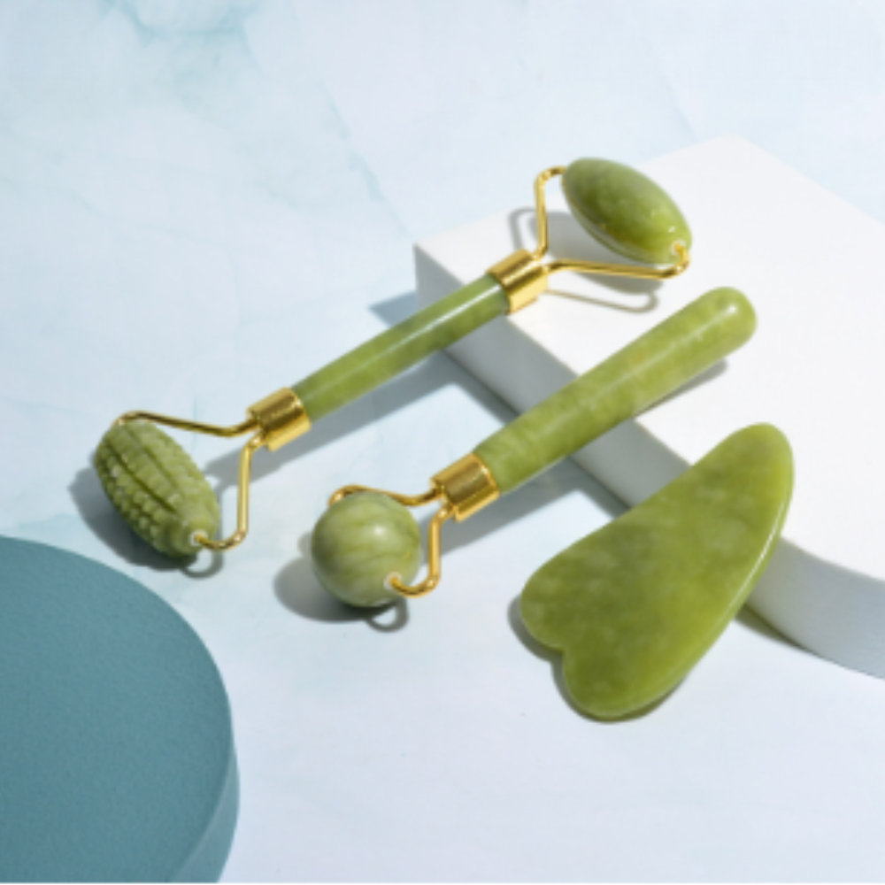 Set de masaje facial de jade (3 piezas) | Rodillo, gua sha y masajeador